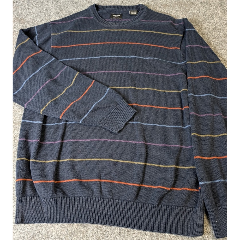 Haggar Long Sleeve Striped Crew Neck Sweater Men's 2XL Navy Blue Cotton